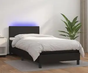 vidaXL Pat continental cu saltea & LED, negru, 80x200 cm, piele eco
