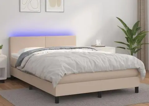 Pat cu arcuri, cu saltea și LED cappuccino 140x190 cm piele eco - 1/5