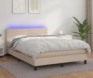 vidaXL Pat cu arcuri, cu saltea și LED cappuccino 140x190 cm piele eco