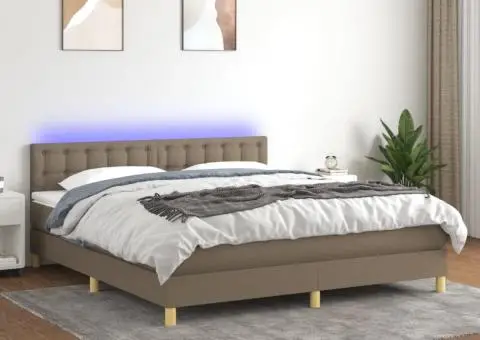 Pat cu arcuri, saltea și LED, gri taupe, 180x200 cm, textil - 1/5