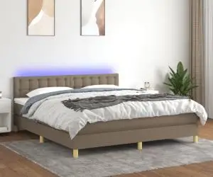 vidaXL Pat cu arcuri, saltea și LED, gri taupe, 180x200 cm, textil