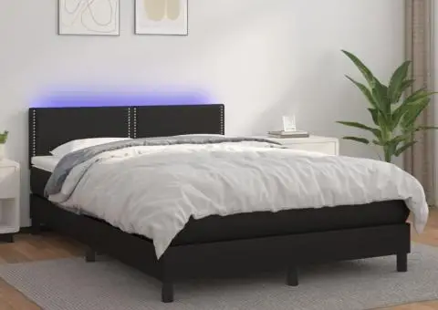 Pat cu arcuri, saltea și LED, negru, 140x200 cm, piele eco - 1/5