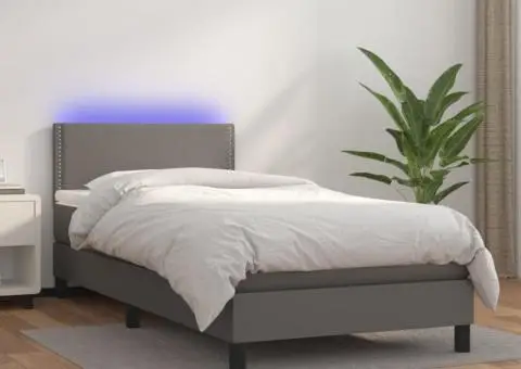 Pat continental cu saltea și LED, gri, 80x200 cm, piele eco - 1/5