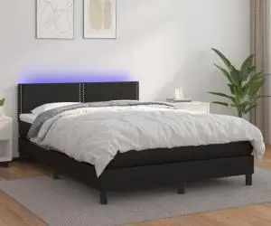 vidaXL Pat continental cu saltea & LED, negru, 140x190 cm, piele eco