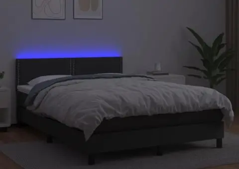 Pat continental cu saltea & LED, negru, 140x190 cm, piele eco - 4/5