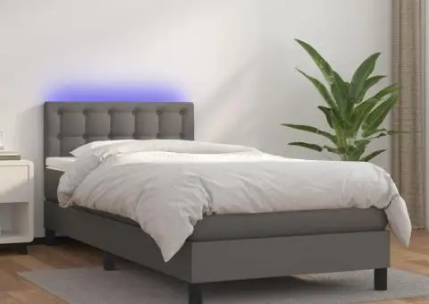 Pat cu arcuri, saltea și LED, gri, 90x190 cm, piele ecologică - 1/5