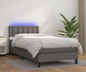 vidaXL Pat cu arcuri, saltea și LED, gri, 90x190 cm, piele ecologică