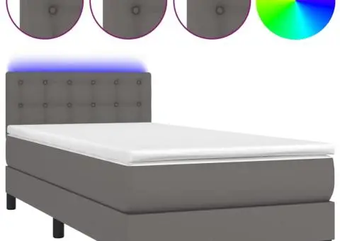 Pat cu arcuri, saltea și LED, gri, 90x190 cm, piele ecologică - 2/5