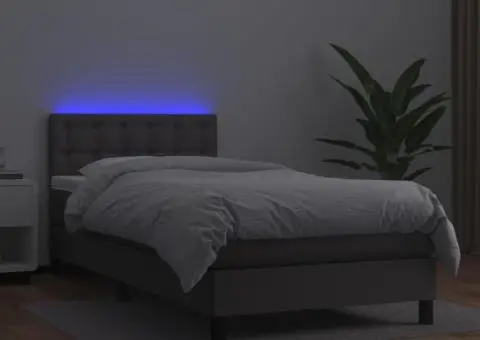 Pat cu arcuri, saltea și LED, gri, 90x190 cm, piele ecologică - 4/5