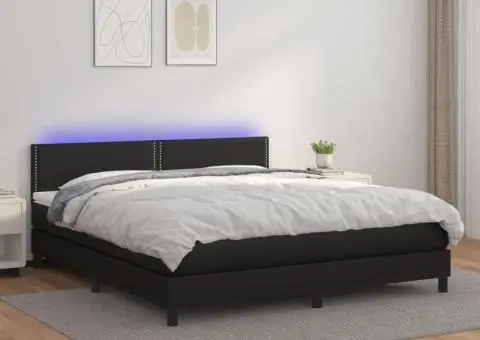 Pat cu arcuri, saltea și LED, negru, 160x200cm, piele ecologică - 1/5