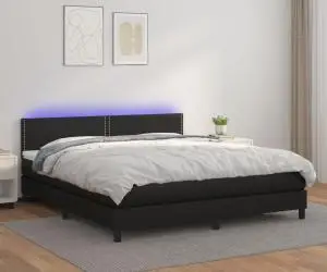 vidaXL Pat cu arcuri, saltea și LED, negru, 160x200cm, piele ecologică