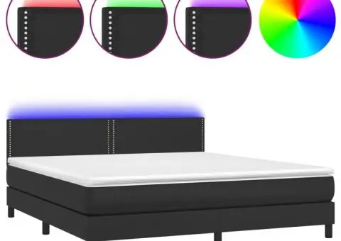 Pat cu arcuri, saltea și LED, negru, 160x200cm, piele ecologică - 2/5