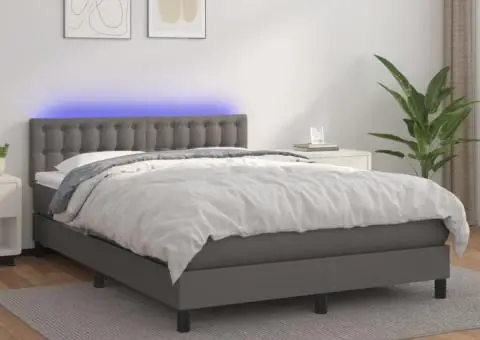 Pat cu arcuri, cu saltea & LED, gri, 140x190 cm, piele eco - 1/5