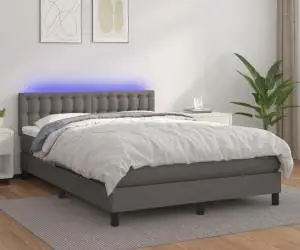 vidaXL Pat cu arcuri, cu saltea & LED, gri, 140x190 cm, piele eco