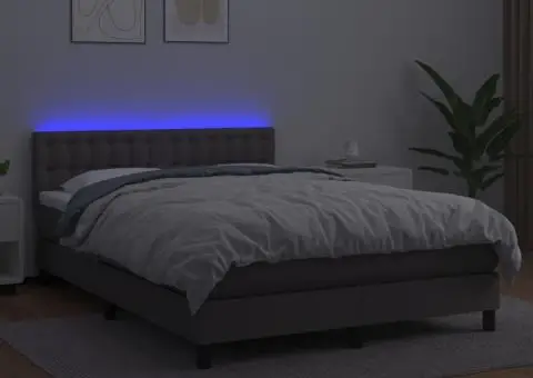 Pat cu arcuri, cu saltea & LED, gri, 140x190 cm, piele eco - 4/5