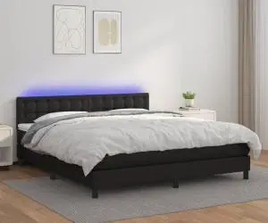 vidaXL Pat cu arcuri, saltea și LED, negru, 180x200cm, piele ecologică