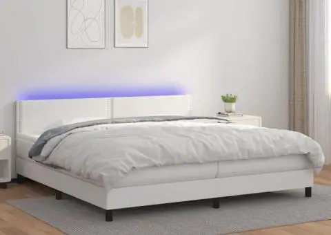 Pat cu arcuri, saltea și LED, alb, 200x200 cm, piele ecologică - 1/5