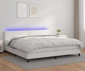 vidaXL Pat cu arcuri, saltea și LED, alb, 200x200 cm, piele ecologică