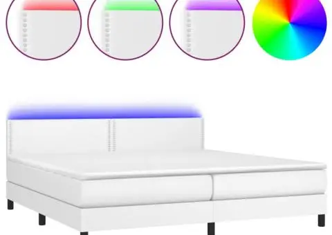 Pat cu arcuri, saltea și LED, alb, 200x200 cm, piele ecologică - 2/5