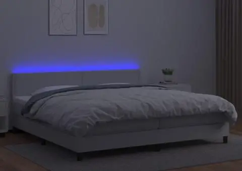 Pat cu arcuri, saltea și LED, alb, 200x200 cm, piele ecologică - 4/5