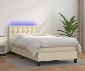 vidaXL Pat cu arcuri, saltea și LED, crem, 100x200 cm, piele ecologică