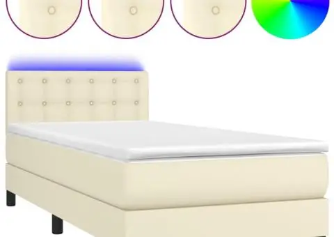 Pat cu arcuri, saltea și LED, crem, 100x200 cm, piele ecologică - 2/5
