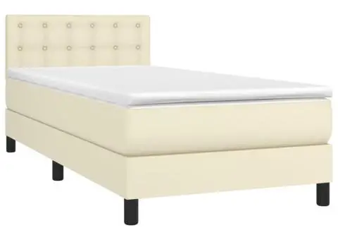 Pat cu arcuri, saltea și LED, crem, 100x200 cm, piele ecologică - 3/5