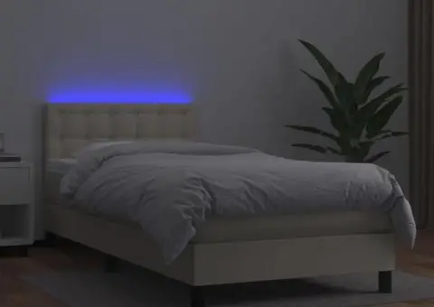 Pat cu arcuri, saltea și LED, crem, 100x200 cm, piele ecologică - 4/5