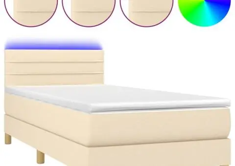 Pat cu arcuri, saltea și LED, crem, 90x190 cm, textil - 2/5