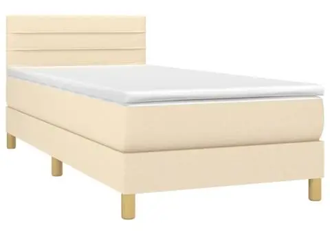 Pat cu arcuri, saltea și LED, crem, 90x190 cm, textil - 3/5