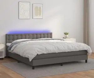 vidaXL Pat cu arcuri, saltea și LED, gri, 160x200 cm, piele ecologică