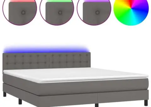 Pat cu arcuri, saltea și LED, gri, 160x200 cm, piele ecologică - 2/5