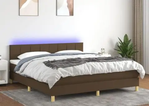 Pat cu arcuri, saltea și LED, maro închis, 180x200 cm, textil - 1/5