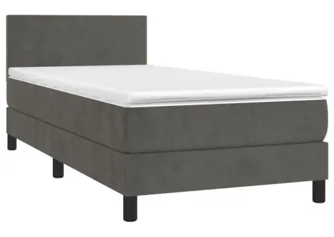 Pat cu arcuri, saltea și LED, gri închis, 90x190 cm, catifea - 3/5