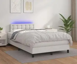 vidaXL Pat cu arcuri, saltea și LED, alb, 120x200 cm, piele ecologică