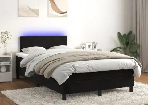 Pat cu arcuri, saltea și LED, negru, 120x200 cm, catifea - 1/5