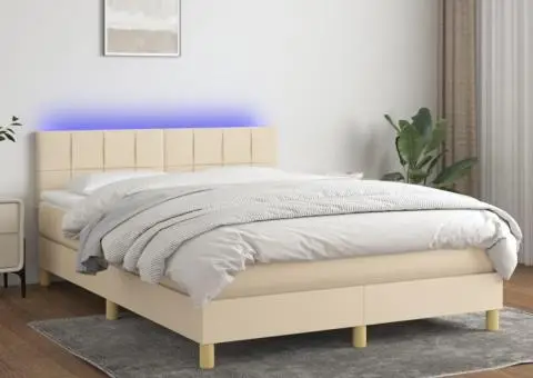 Pat cu arcuri, saltea și LED, crem, 140x200 cm, textil - 1/5