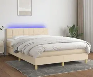 vidaXL Pat cu arcuri, saltea și LED, crem, 140x200 cm, textil
