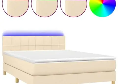 Pat cu arcuri, saltea și LED, crem, 140x200 cm, textil - 2/5