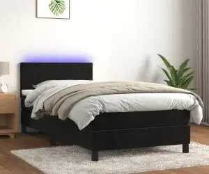 vidaXL Pat cu arcuri, saltea și LED, negru, 90x200 cm, catifea