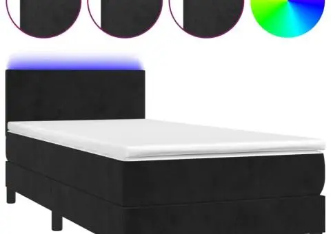 Pat cu arcuri, saltea și LED, negru, 90x200 cm, catifea - 2/5