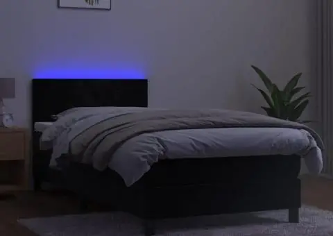 Pat cu arcuri, saltea și LED, negru, 90x200 cm, catifea - 4/5