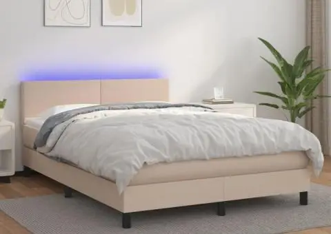 Pat cu arcuri, saltea și LED, cappuccino, 140x200cm, piele eco - 1/5