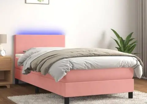 Pat continental cu saltea & LED, roz, 80x200 cm, catifea - 1/5