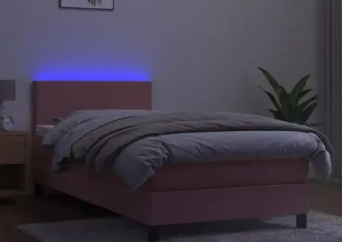 Pat continental cu saltea & LED, roz, 80x200 cm, catifea - 4/5