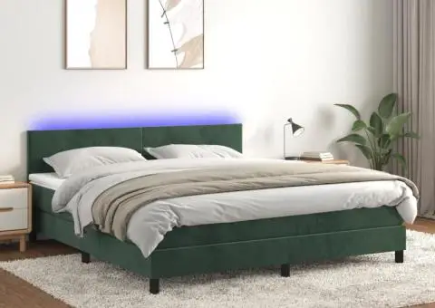 Pat cu arcuri, saltea și LED, verde închis, 160x200 cm, catifea - 1/5
