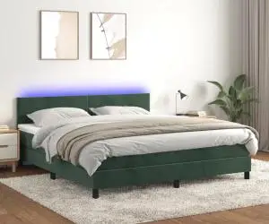 vidaXL Pat cu arcuri, saltea și LED, verde închis, 160x200 cm, catifea