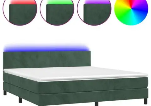 Pat cu arcuri, saltea și LED, verde închis, 160x200 cm, catifea - 2/5