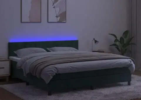 Pat cu arcuri, saltea și LED, verde închis, 160x200 cm, catifea - 3/5