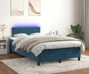 vidaXL Pat cu arcuri, saltea și LED, albastru, 120x200 cm, catifea